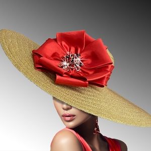Exquisite Couture Wide Brim Red Bow Jeweled Straw Hat Derby Equine Brunch Tea